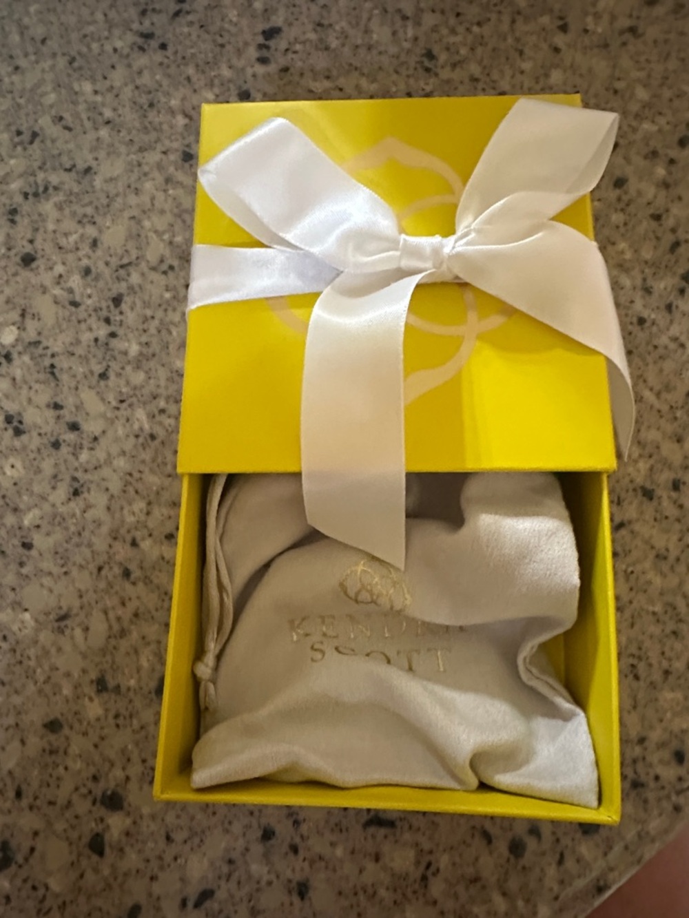 Kendra Scott Yellow Gift Box with White Ribbon and Cream Pouch